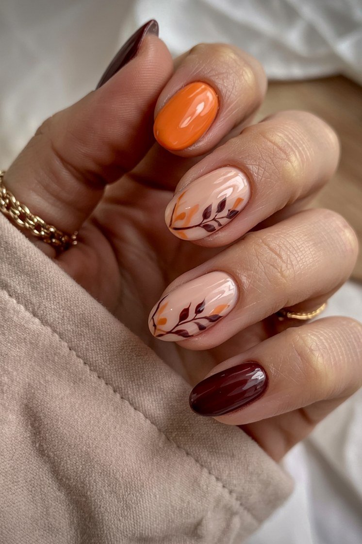 Burnt orange with nude accent nails hand-painted with brown leaf art, almond shape, medium length, glossy, fall nail color for women over 40