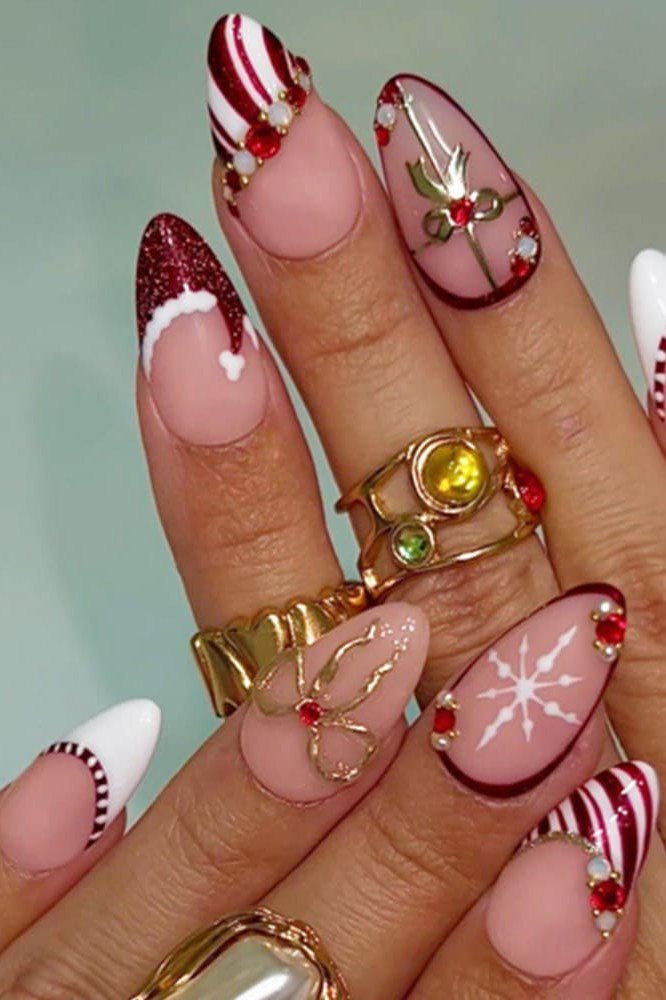 White and red french with snowflake and candy-cane accents - Christmas nail design for older women