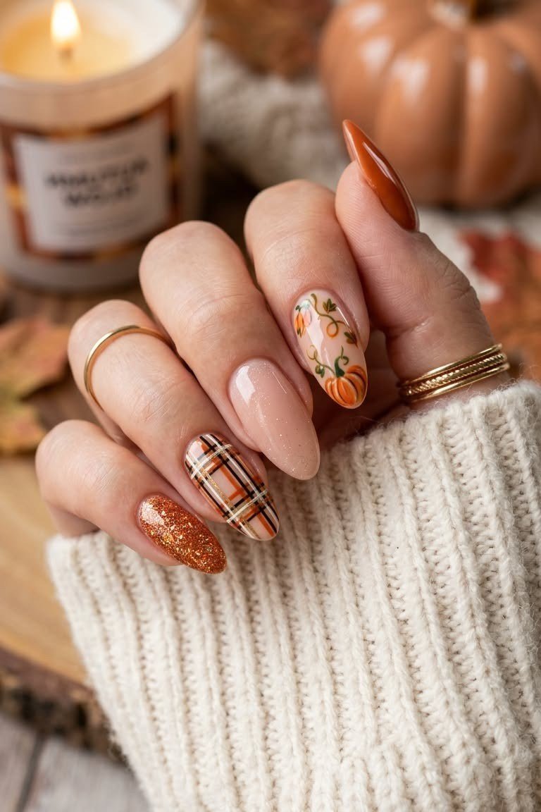 Pumpkin and plaid nail art with cozy candle styling, fall nail design for older women