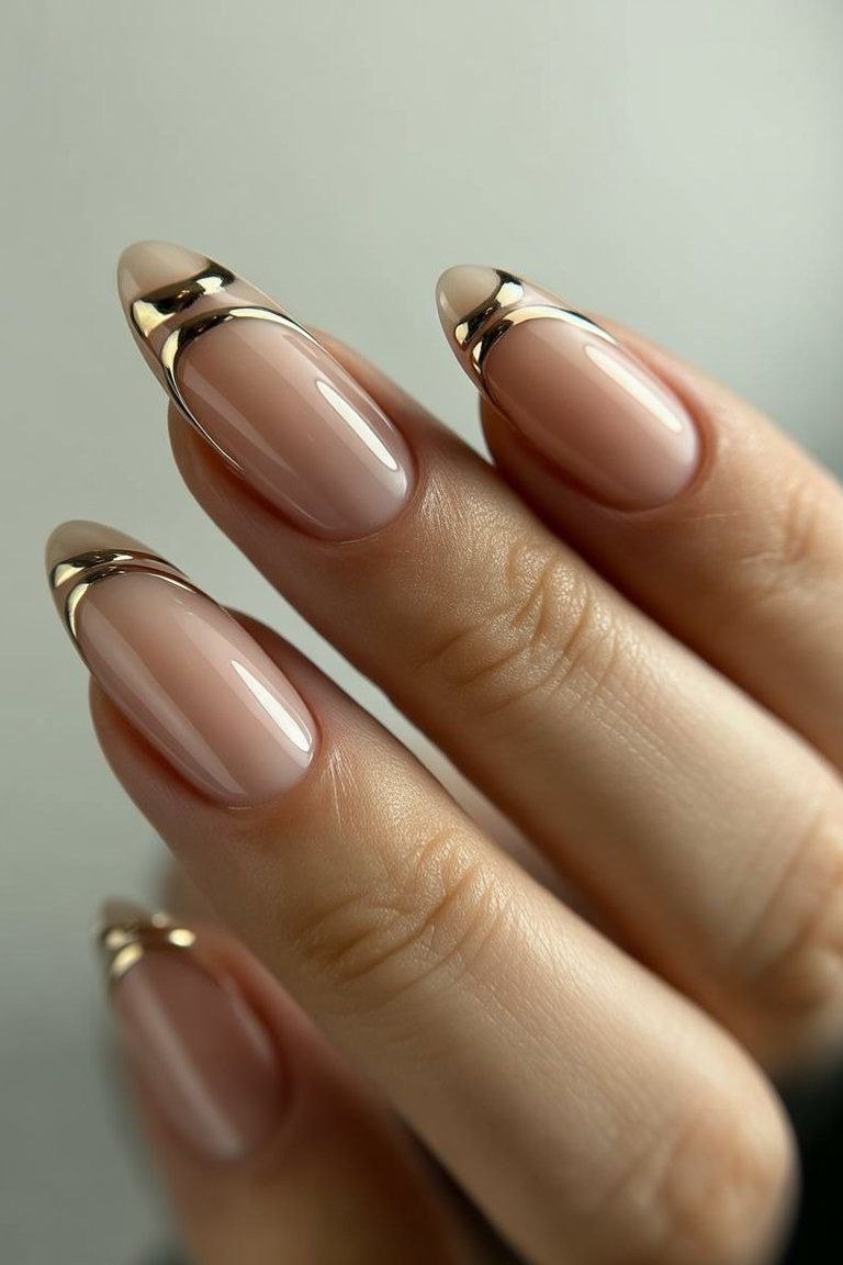 Nude nails with gold tip caps, sophisticated nail design for women over 50