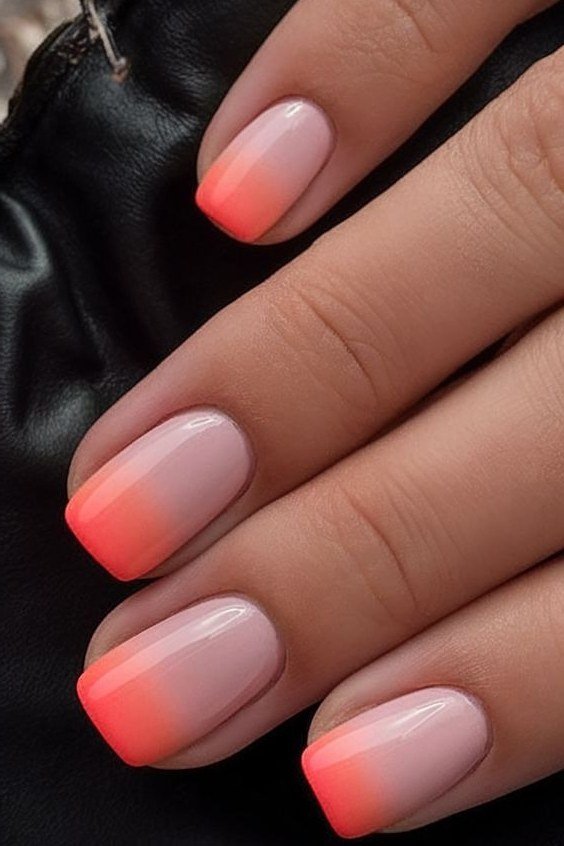 Coral to white ombre on medium square nails, glossy, ombre nail design for women over 60