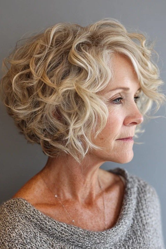 Blonde chin-length curly bob for women over 50