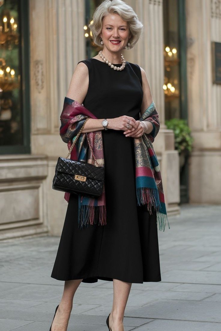 Black dress with plaid shawl for women over 70