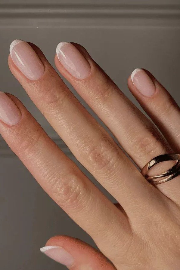 Sheer Pink Short Almond Nails with a Ring - short nail design for women over 40