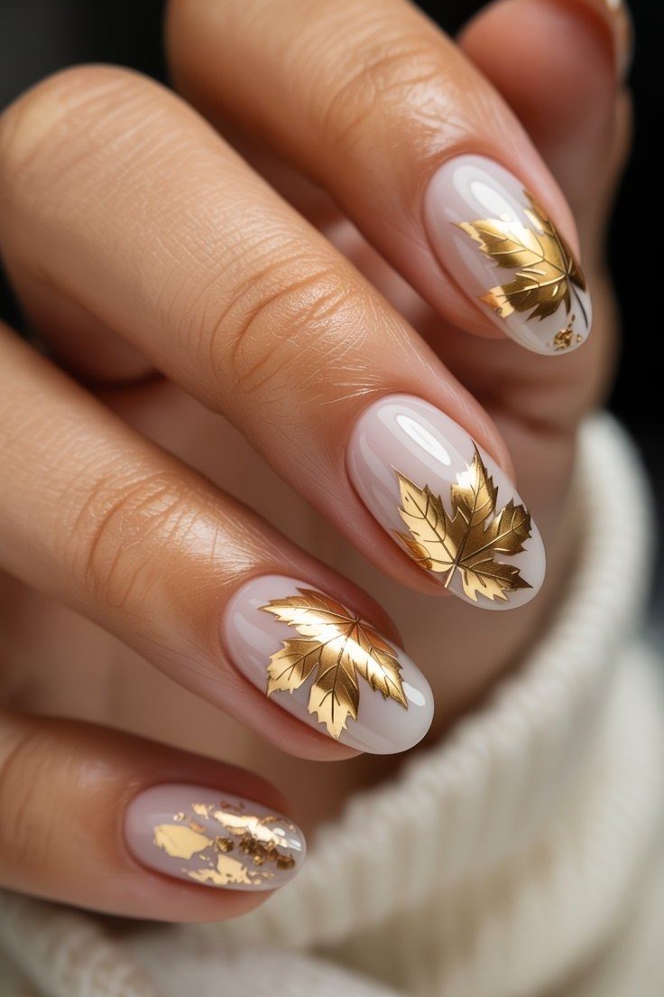 Gold leaf art on nude almond gel nails, elegant gold fall manicure