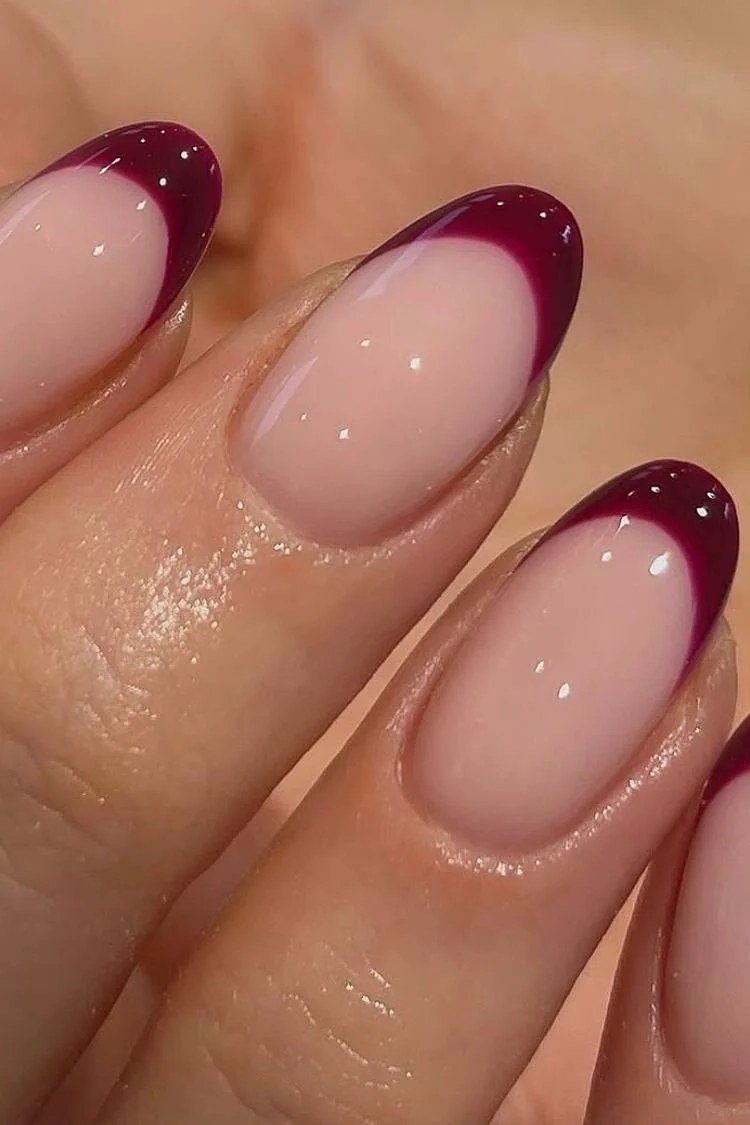 Deep Mauve French Tips on Nude Almond Nails, elegant mauve nail idea for women over 60