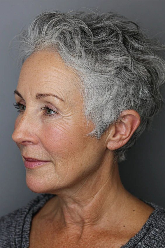 Wavy silver pixie haircut for women over 70