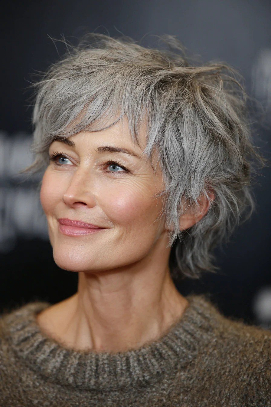 Silver textured pixie with tousled crown - trendy short haircut for older women with fine hair