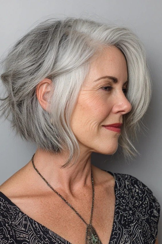 bright white short bob haircut, side view