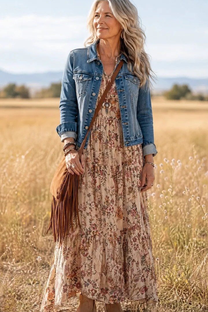 Denim Jacket Over a Floral Maxi Dress - flattering outfit idea for women over 50, how to dress better over 50