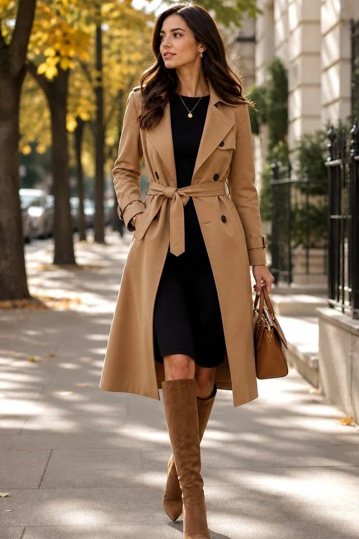 Belted camel coat with black dress and tan knee boots, classic fall outfit for women over 40