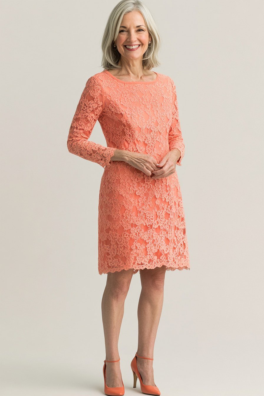 coral lace sheath dress, studio,, elegant wedding guest dress for women over 60