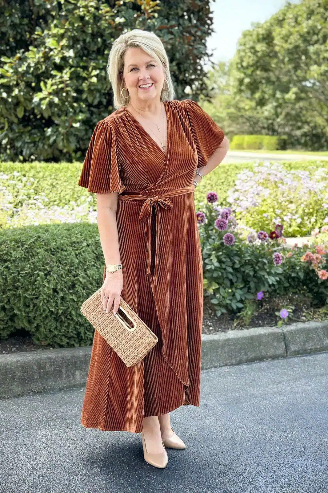rust orange wrap midi dress church outfit for women over 60