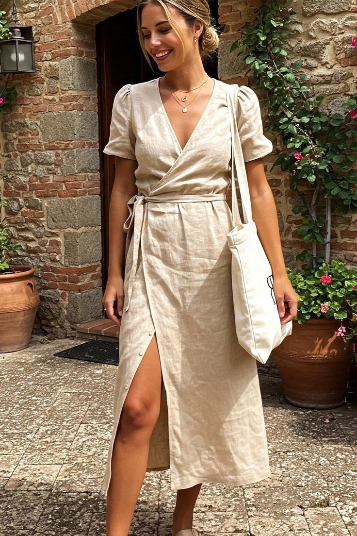 Ivory wrap midi dress with white tote, stone doorway for women over 60