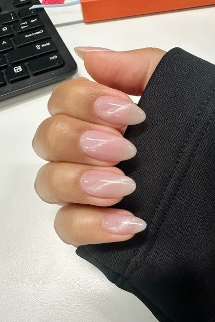 Sheer Nude Short Oval Nails - elegant nail art idea for mature hands, women over 50