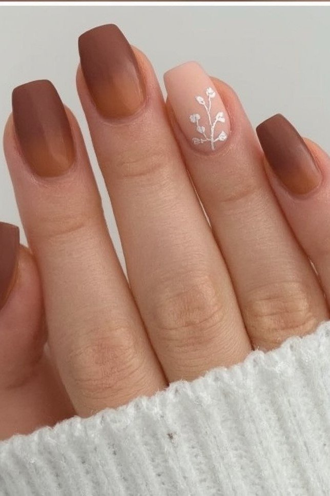 Matte Cocoa-Brown Coffin Nails with Leaf Art, chocolate brown fall nail design for women over 60