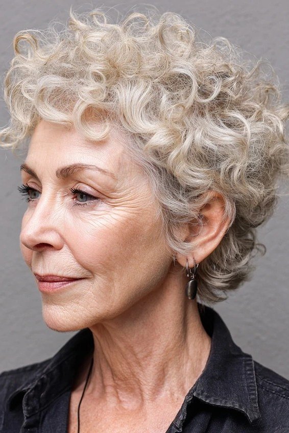 Silver curly bixie haircut front view for women over 60