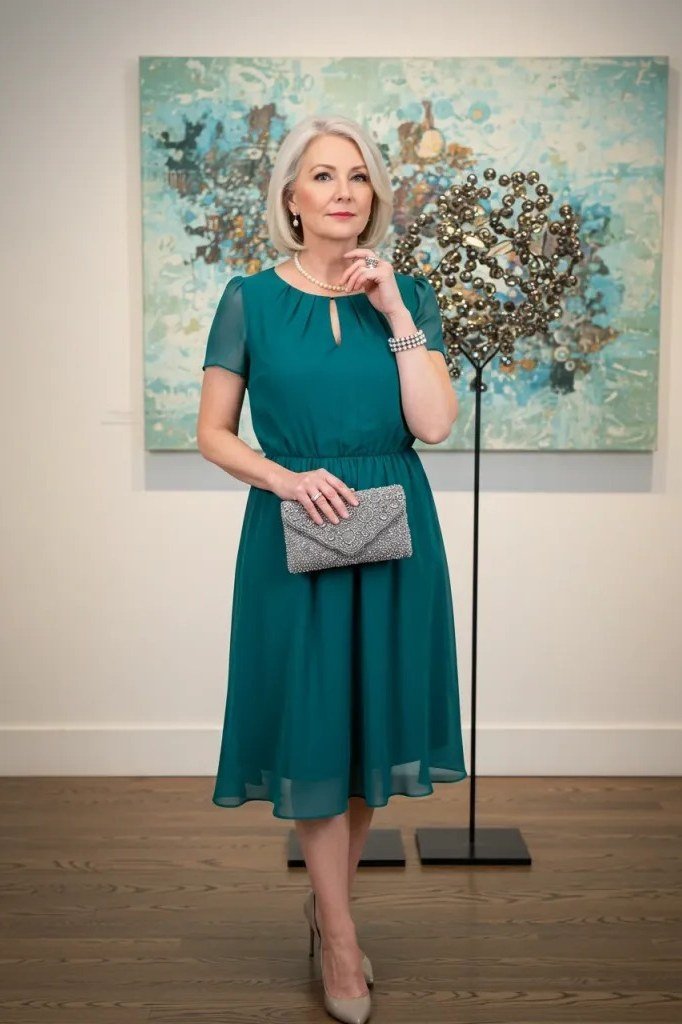 teal chiffon dress, elegant cocktail dress for women over 60