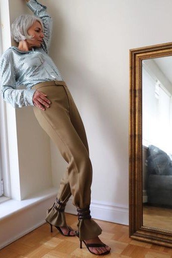 Light Blue Shirt with Brown Wide Pants, classic casual outfit for women over 70