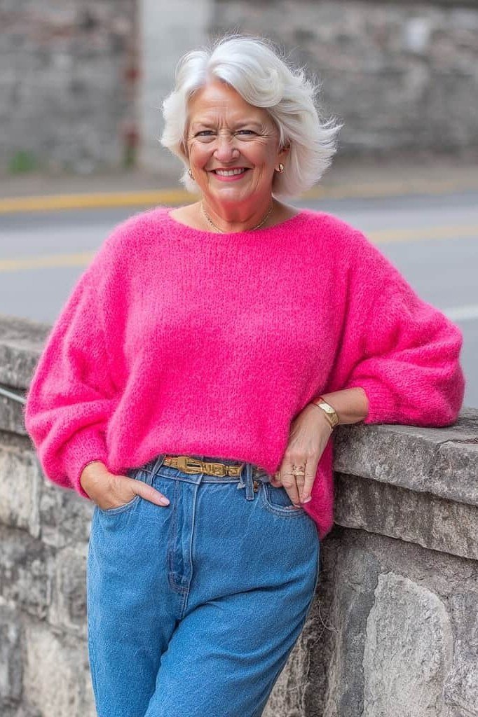 hot pink fuzzy knit sweater medium wash jeans gold belt women over 50