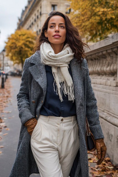 Grey wool coat a cream scarf grey wool coat white scarf cream trousers 40s - fall outfit idea for women over 40
