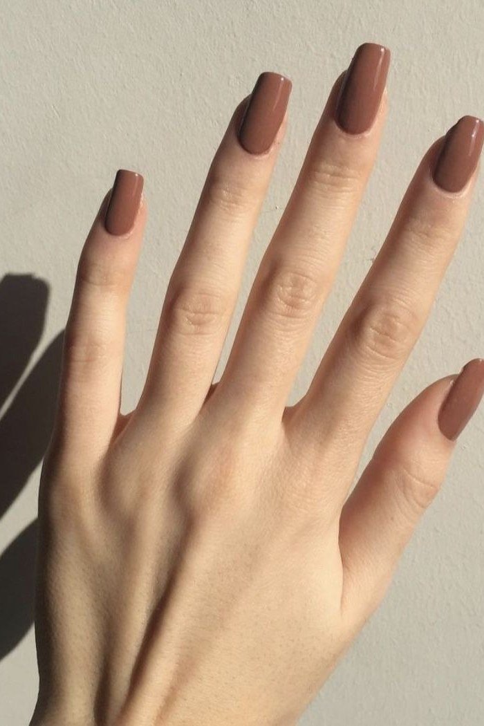 Glossy Taupe Almond Nails - brown nail idea for women over 50