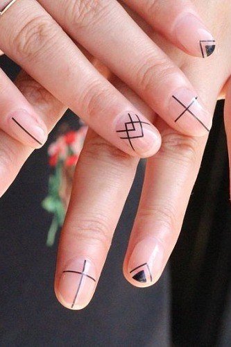 Nail art design for women over 60: minimalist black line art on sheer nude nails