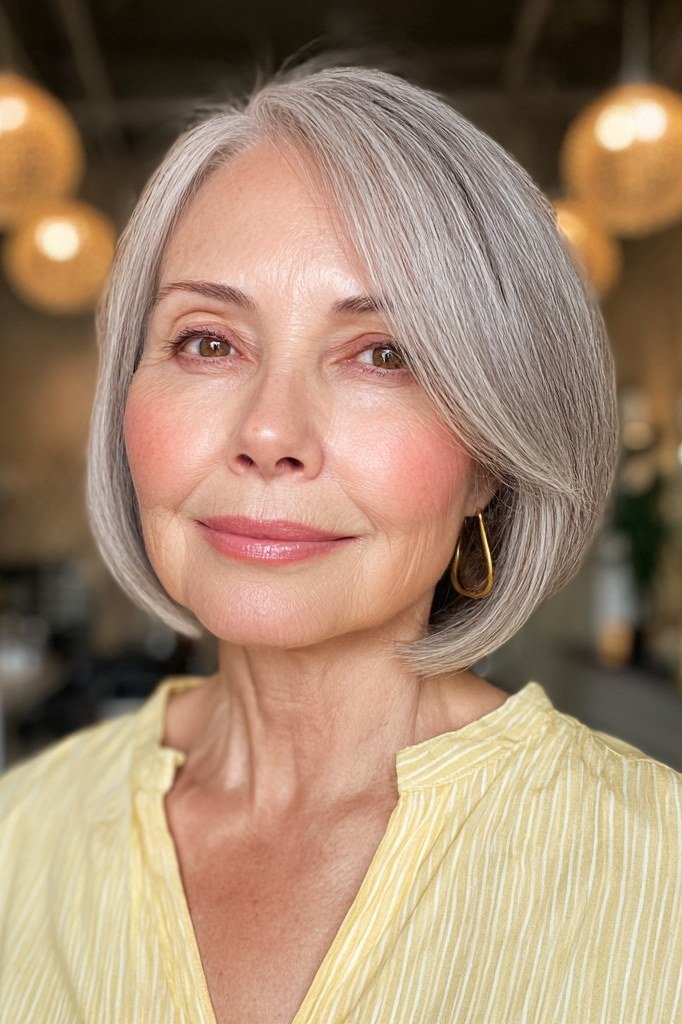 Polished Silver Lob - layered lob hairstyle for women over 60