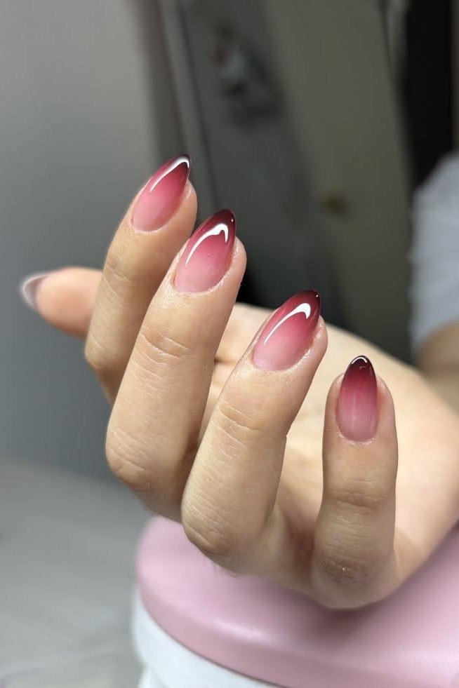 Sheer burgundy ombre almond, burgundy fall nail idea for women over 60