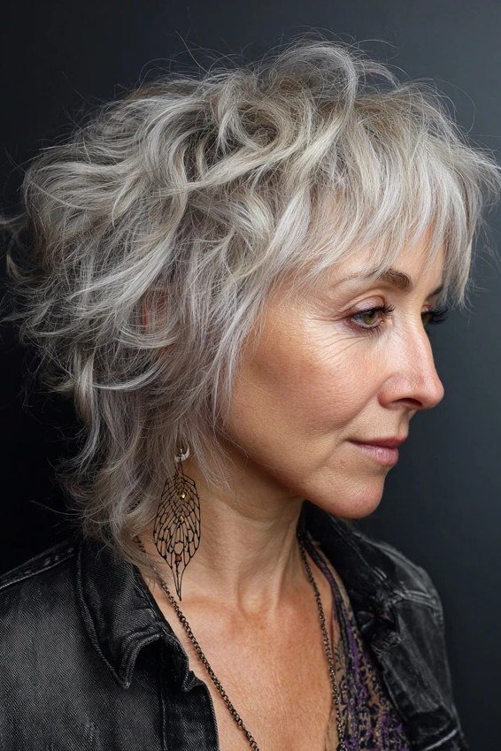 Textured Silver Shag - medium shag haircut for women over 40
