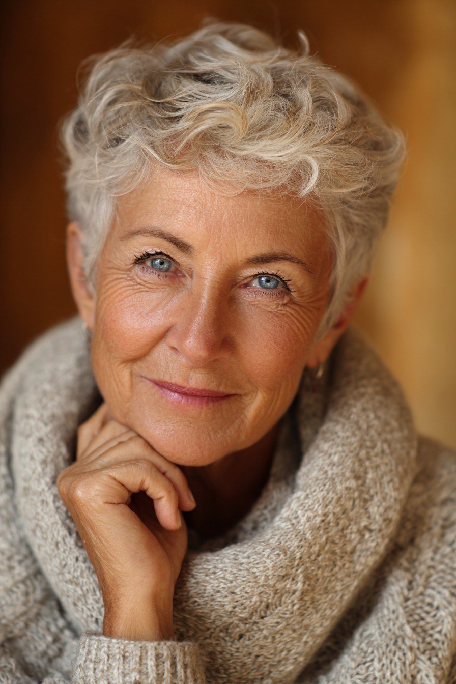 Silver curly bob front view, smiling, cozy sweater - curly hairstyle for women over 60