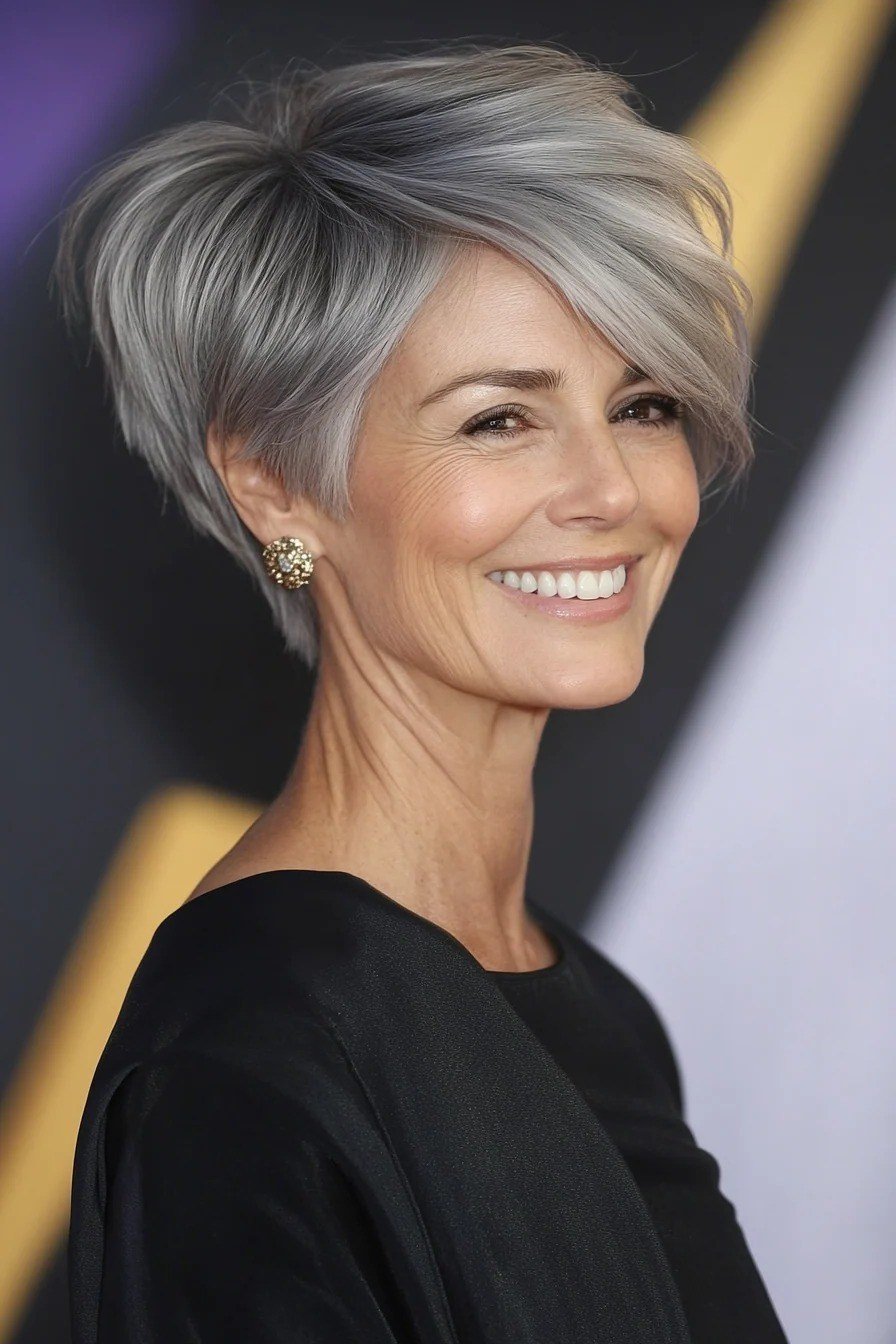 Silver Side-Swept Pixie in Black - sassy hairstyle for older women