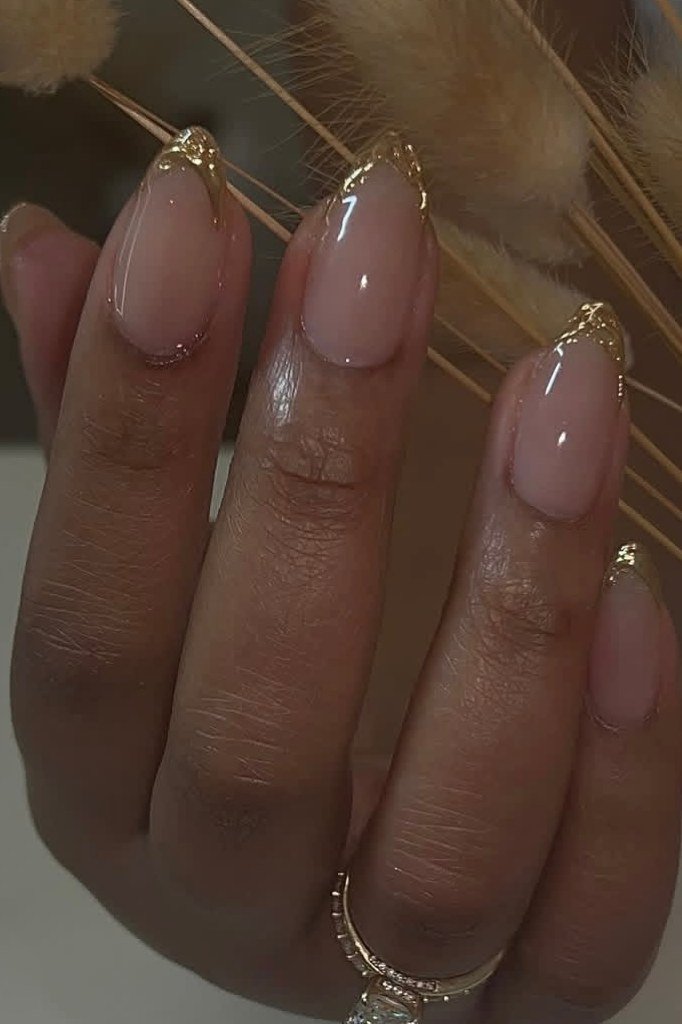 Gold Glitter on Deep Skin - micro french manicure with ultra-thin tip line, elegant nail design for women over 50
