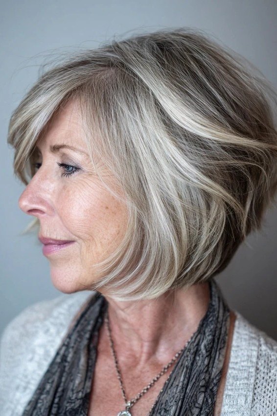 Dimensional Silver Wavy Lob - medium hairstyle for women over 60