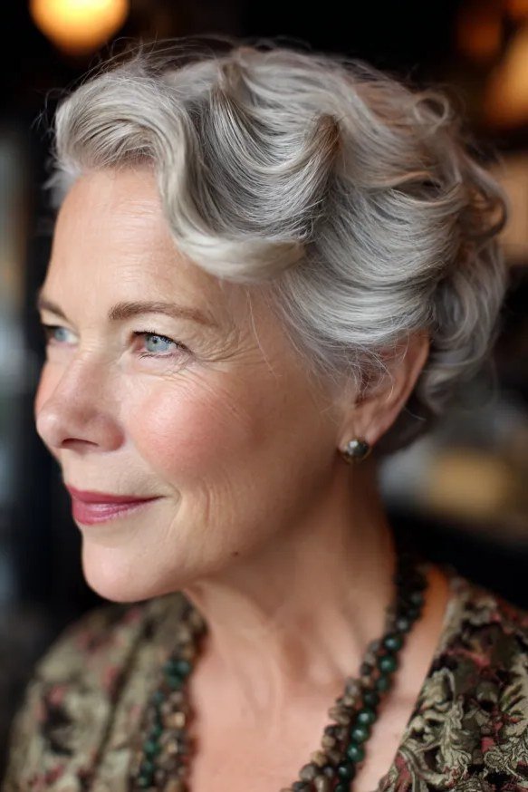 Gray curly medium cut with one side swept back for women over 60