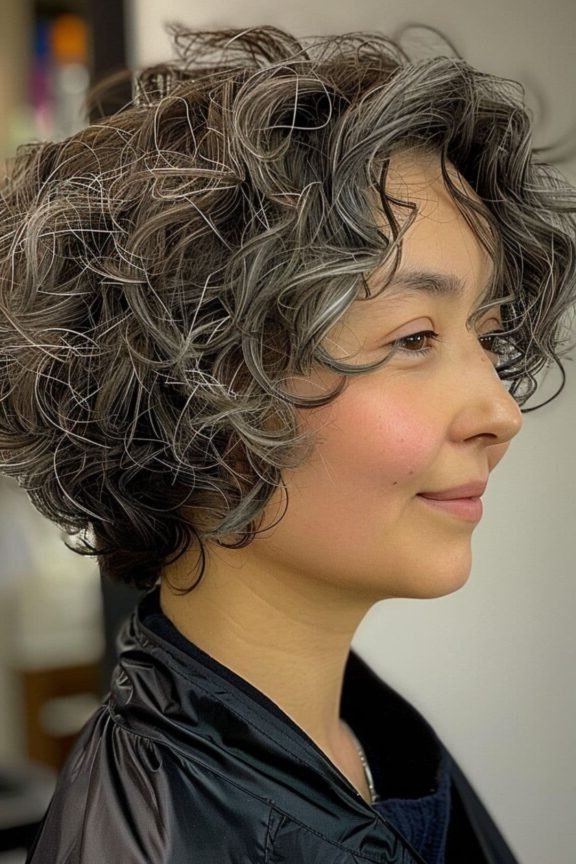Dark gray curly lob on Asian older woman, three-quarter view