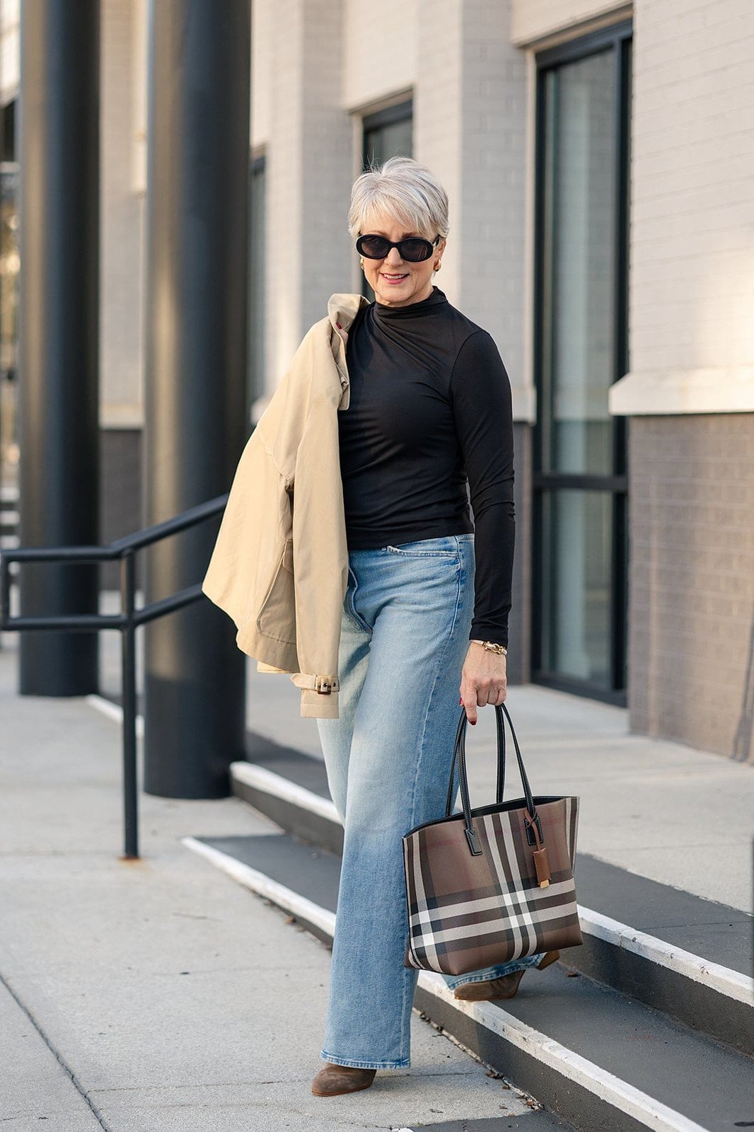 Camel Coat with a Black Top and Jeans on a woman over 50, fall outfit idea