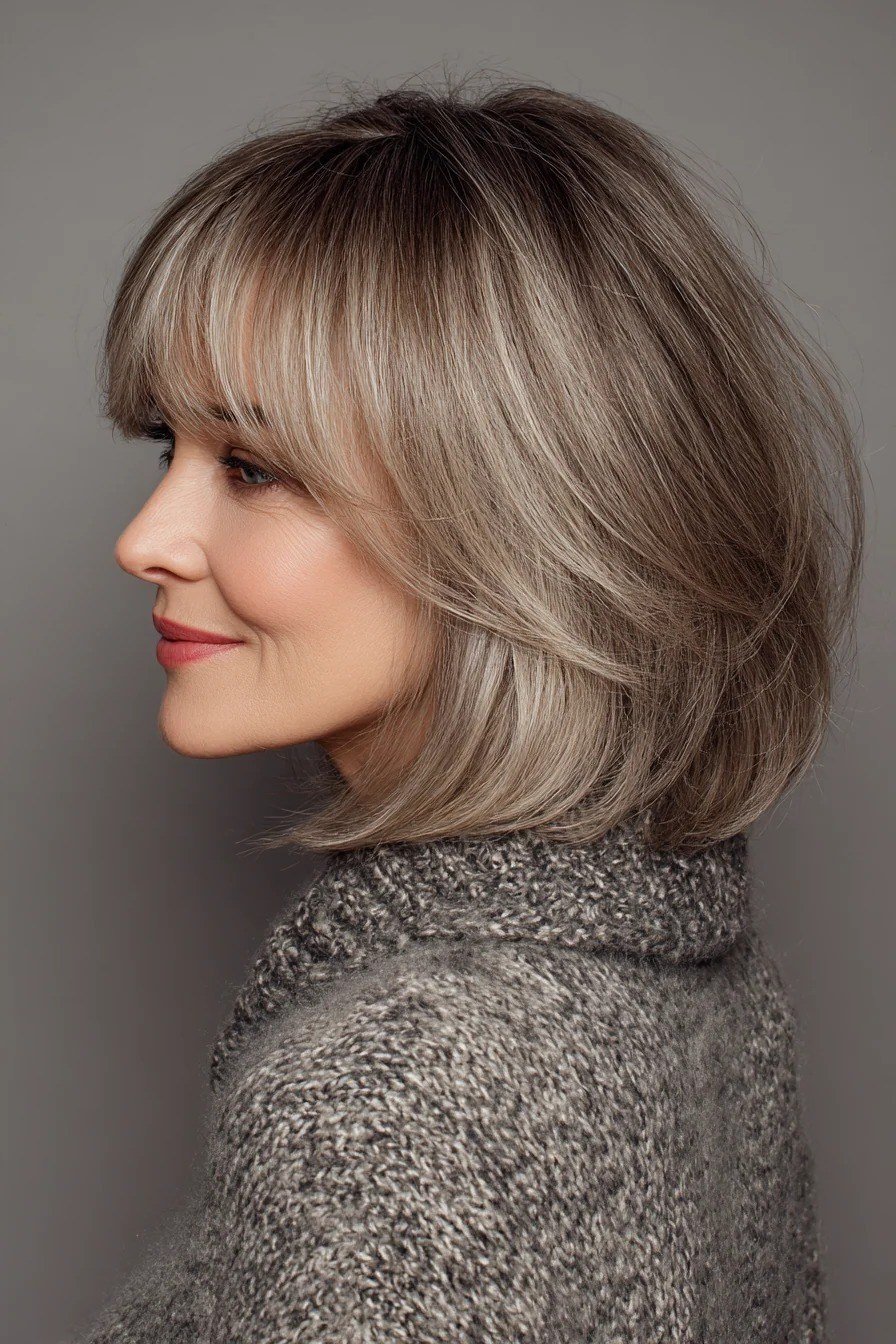 Brunette Bob with Bangs - trendy layered bob hairstyle for women over 50