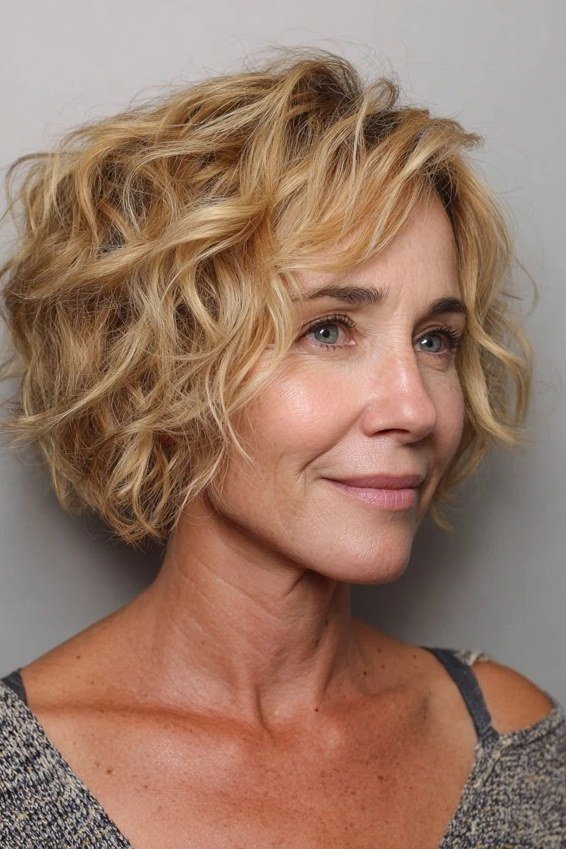 Golden Blonde Wavy Bob - short wavy bob hairstyle for women over 60