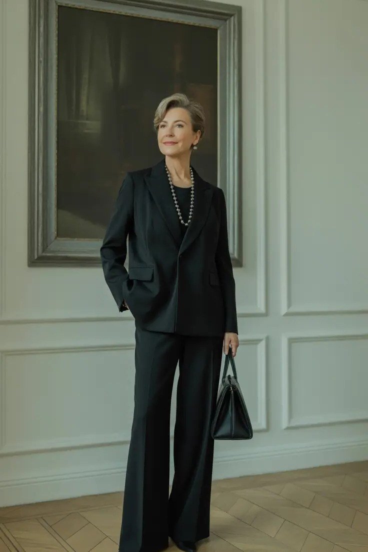 All-black blazer look with a black top and black wide-leg trousers for women over 50 at work