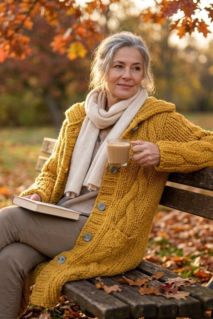 older woman in mustard cardigan with cream scarf holding coffee on bench