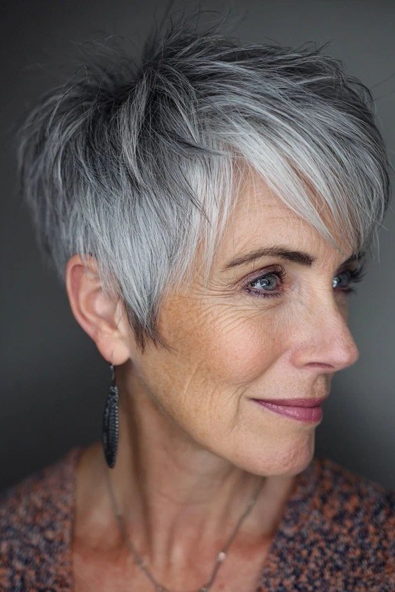Silver pixie with fringe, three-quarter view, micro pixie cut for women over 60 going silver