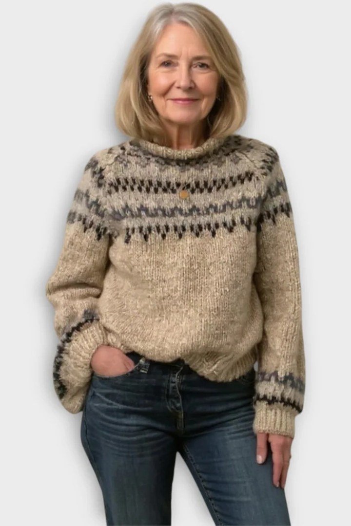 Beige fair-isle yoke sweater with dark jeans, cozy sweater outfit idea for women over 70