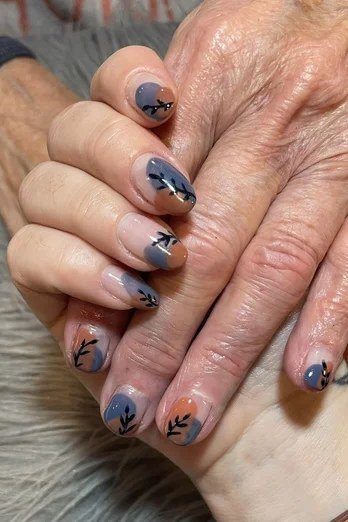 Slate Blue Nails with Black Botanical Art - short nail design idea for women over 50