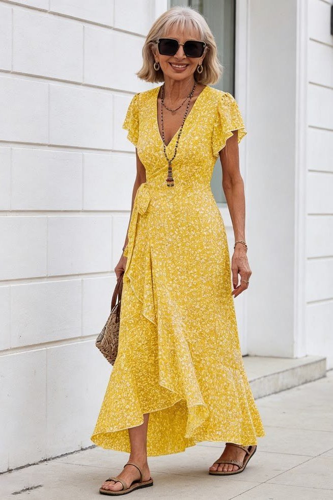 Sunny Yellow Ditsy Floral Wrap Midi summer outfit idea for women over 60