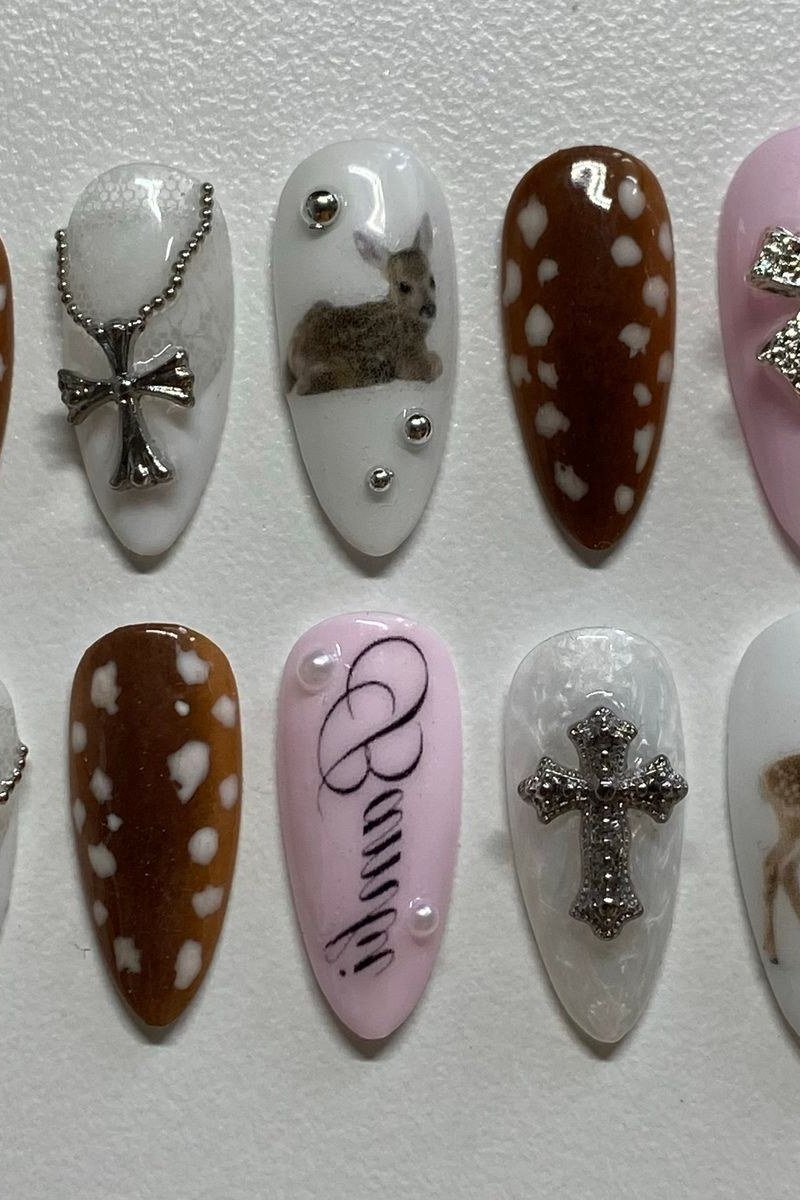 Press-on nail set with brown fawn spots deer silhouettes and script accent