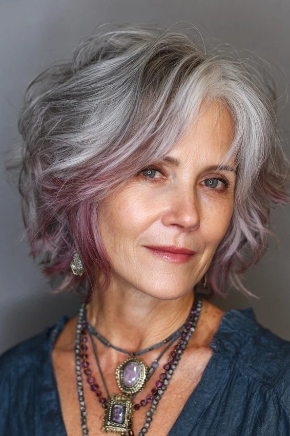 Silver choppy bob with soft pink tint for women over 60, front view