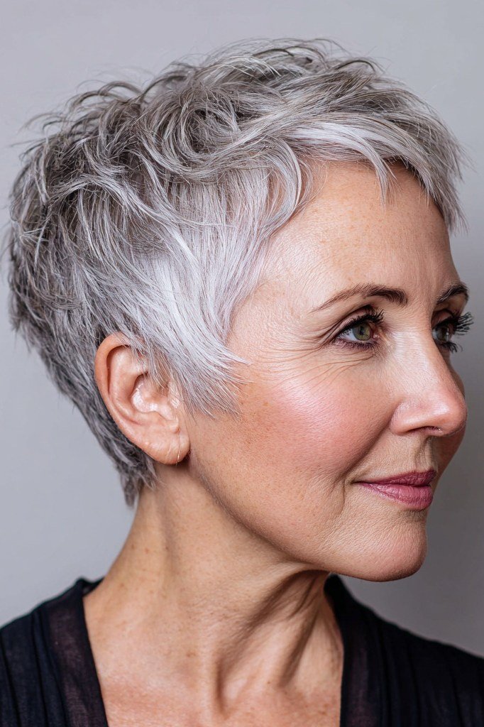 gray textured pixie haircut for women over 50 front view