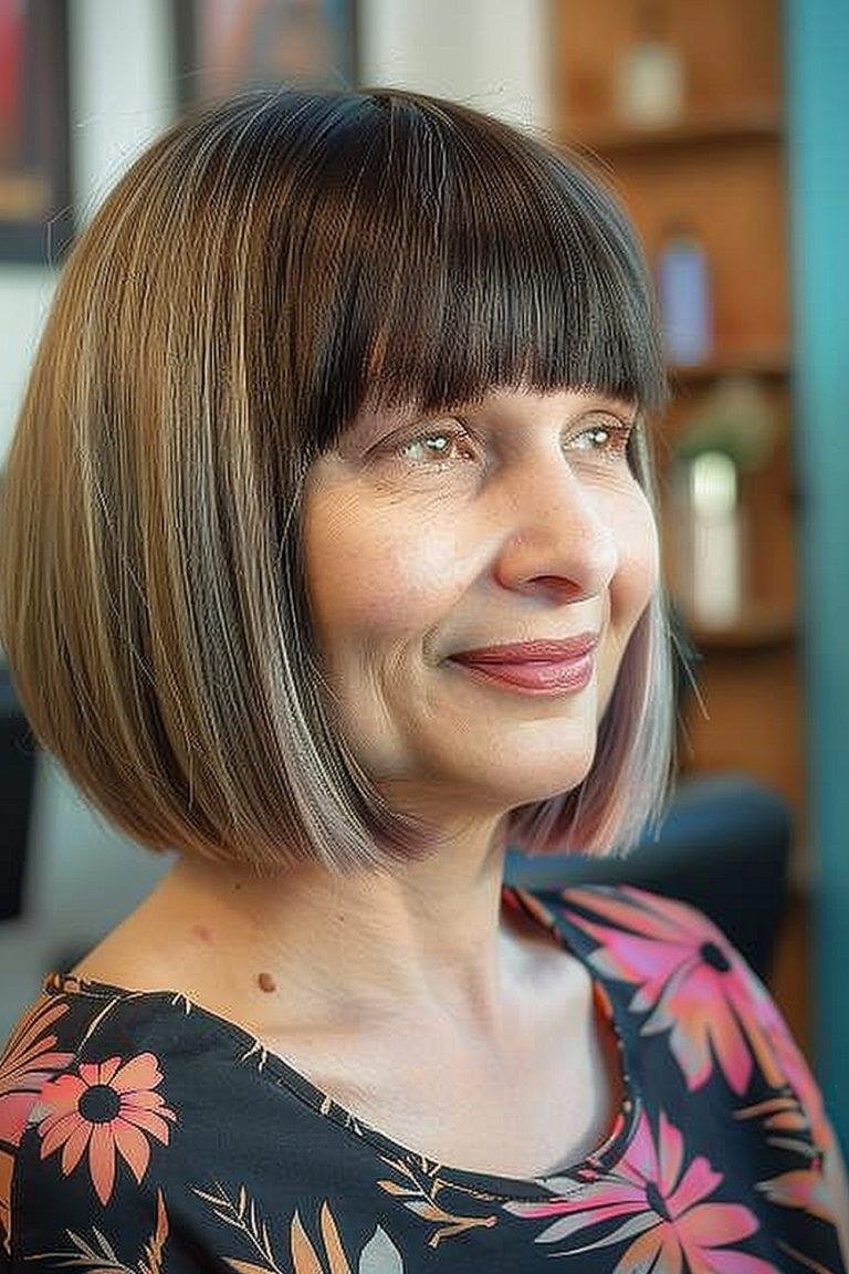 Blonde french bob with straight-across bangs and floral top