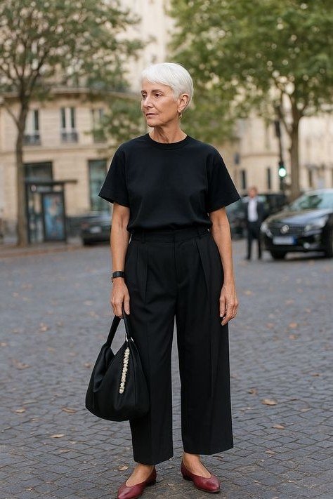 Older woman wearing a black tee with black wide-leg trousers and burgundy flats